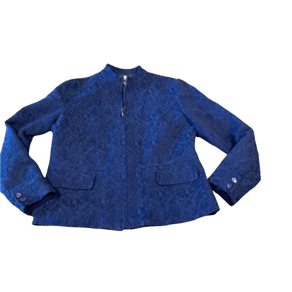 Chico’s Blue Brocade Jacquard Zip Front Blazer Jacket Sz 1 Medium